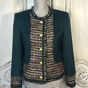 Biba Wool Blend GreenTweed and Solid long Sleeve Metal Button Jacket Size Medium